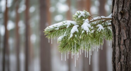 Winter's Embrace: A close-up shot reveals a pine branch, adorned with a delicate blanket of snow and elegant icicles. Captured in a serene forest setting.