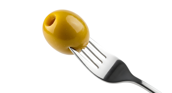 A single green olive impaled on the tines of a silver fork, isolated on a transparent background