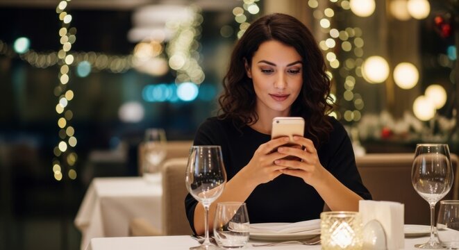 Elegant Solo Moment: A woman, immersed in a world of digital connection, sits alone in a beautifully lit restaurant, enjoying a moment of quiet reflection while engaging with her smartphone.