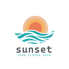 Circular Sun and Sea Wave Logo. Flat Vector Logo Design Template Element.