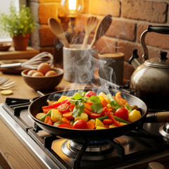 The chef prepares a healthy dinner of fresh vegetables and chicken in a hot wok on the kitchen stove