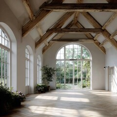 Fototapeta premium Bright spacious room with large arched , wooden beams, and natural sunlight