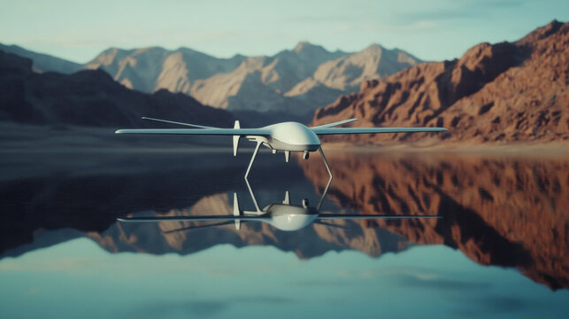 Fixed-Wing VTOL Drone Hovering Over a Reflective Lake