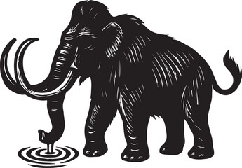 Illustration of a prehistoric woolly mammoth with long curved tusks drinking water from a rippling pool in a vintage style