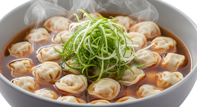 A steaming bowl of delicious dumplings in broth, garnished with fresh green onions, isolated on transparent background