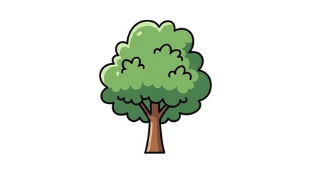 Cartoon Tree with Green Leaves Illustration on White Background