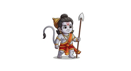 Cartoon Character Holding Spear Stands on White Background
