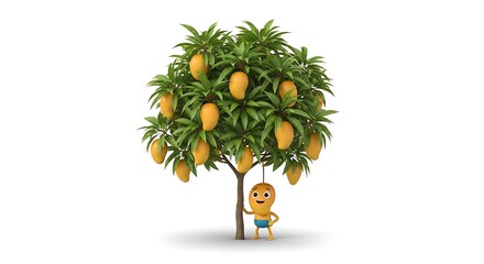 Cartoon Mango Character Under Mango Tree with Fruit Illustration