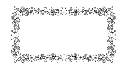 Floral Frame Border with Hearts and Stars Black and White