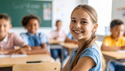 a young girl smiling in classroom with diverse classmates focused