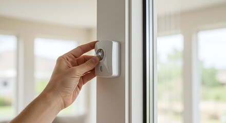 A person installs a smart motion sensor on a window frame for a home security system. Concept of a smart home security sensor.