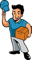 Cartoon Courier Holding Cardboard Box and Blue Hat Isolated on Transparent Background