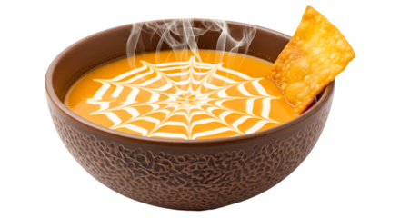 A steaming bowl of orange soup with a spider web design on top and a crispy cracker, isolated on transparent background