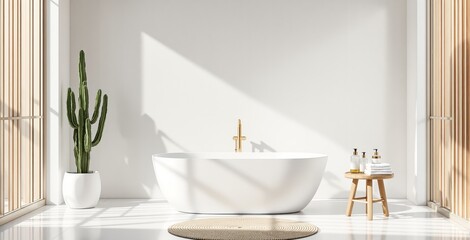 Minimalist bathroom interior with white bathtub, golden faucet, potted cactus and wood stool in bright natural lighting and soft shadow concept design. Ai generative