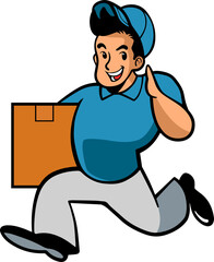 Cartoon Courier Running with Cardboard Box in Blue Gray and Orange with Transparent Background