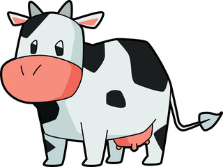 Cartoon Cow Illustration with Black and White Spots Pink Snout Standing on a Transparent Background Simple and Whimsical Style Vector Graphic Isolated