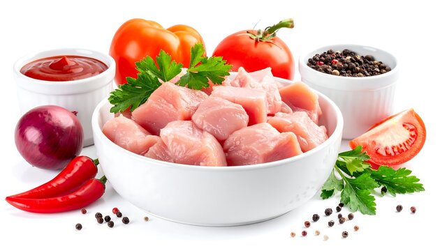 Bowl of cubed raw poultry with assorted vegetables and spices