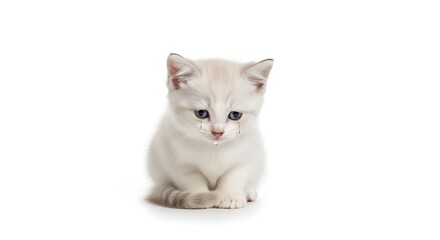 Crying Kitten Sitting Down on White Background with Tears