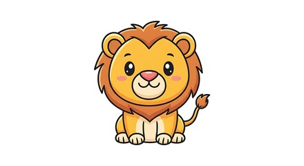 Cartoon Lion Sitting Down with Cute Expression on White Background