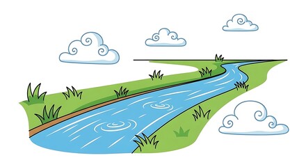 Cartoon River Flowing Through Green Landscape with Clouds