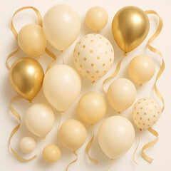 A group of golden Christmas balls and baubles with ribbon for a holiday decoration and celebration