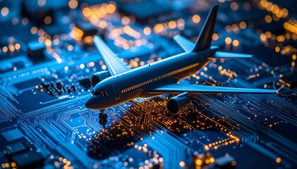 a Model airplane resting on glowing circuit board with technology