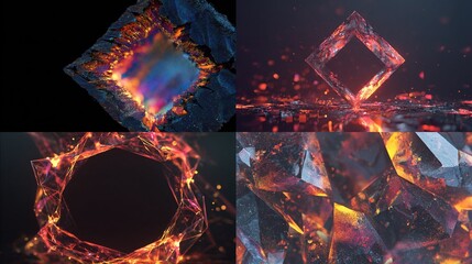 Abstract Digital Art Fire-themed Geometric Forms, 3D Rendered with Lava Textures and Particle Effects