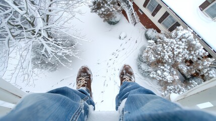 First-person perspective of legs and boots dangling over a pristine snow-covered winter landscape, offering a high-angle view of frosty trees and f...