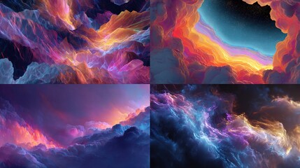 Four vibrant cloudscapes, swirling with neon hues, suggesting a celestial or ethereal realm