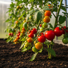 Ripe organic red tomatoes grow on the vine in a summer garden, a healthy fruit of nature's bounty