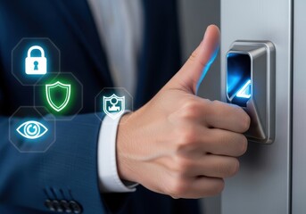 Access control with biometric fingerprint scanner and security icons overlay