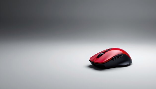 A unique setup where two identical computer mice are placed one on top of the other. They are situated in an open space with a grey background that contrasts with the red color of the mice