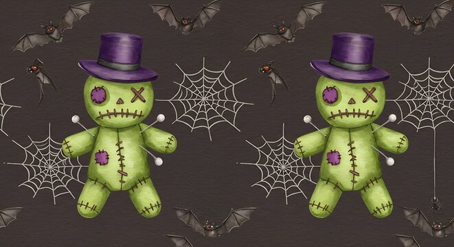 Halloween illustration of voodoo dolls with spiders and bats in creepy background