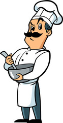 Cartoon Angry Chef with White Uniform Holds Mixing Bowl Vector Illustration on Transparent Background