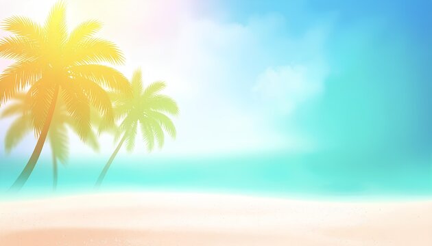 abstract colorful blurred vector illustration of summer background with palm trees on the tropical beach with copy space