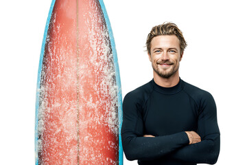 Smiling surfer man with surfboard isolated on transparent background
