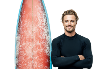 Smiling surfer man with surfboard isolated on transparent background