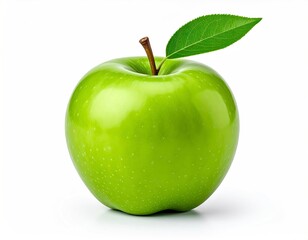 Fresh Green Apple with Leaf on White Background.