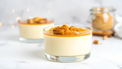 vanilla dessert cream with brown sugar caramel topping in a glass on the white table