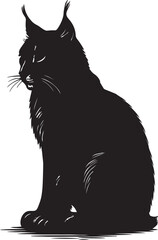 Silhouette of a majestic eurasian lynx sitting attentively with distinctive ear tufts and a bushy tail against a white background