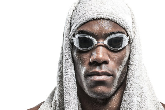 Closeup portrait of a determined black male swimmer wearing goggles and a towel, isolated on transparent background