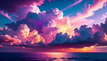 sunset over the ocean with dramatic cloudy sky and colorful hues background