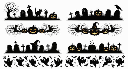 Halloween Border Vector Collection Spooky Tombstones, Jack-o'-Lanterns, and Eerie Ghosts for Halloween themed designs, cards, flyers, and invitations, perfect for adding a haunting touch