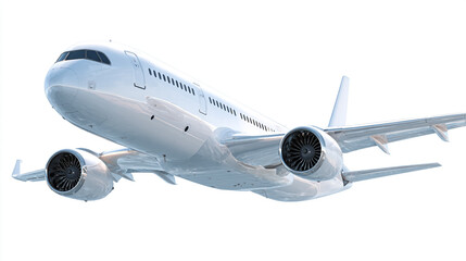 Fototapeta premium A large white passenger jet airplane in flight seen from a low angle isolated on a clean white background