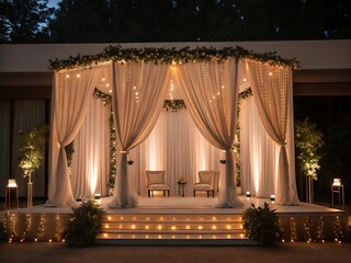 A decorated stage with white curtains, lights, and greenery for a wedding or special event setup outdoors