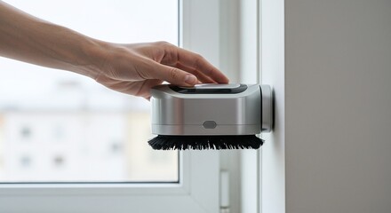 A persons hand placing a robotic window cleaner on a glass surface, highlighting home automation.Concept of home automation and smart cleaning technology.