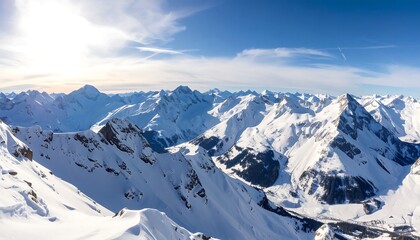 Obraz premium Majestic Snowy Mountain Range Under a Bright Blue Sky.
