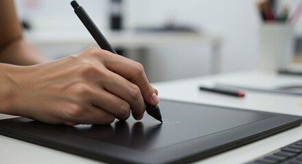 Digital artist using a stylus on a graphics tablet to create art in a modern and professional way.Concept of digital creativity and technology in art.