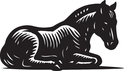 Black and white woodcut illustration of a resting horse lying down in a side profile view