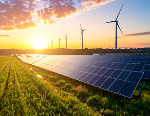 Solar Panels and Wind Turbines at Sunset – Renewable Energy Concept